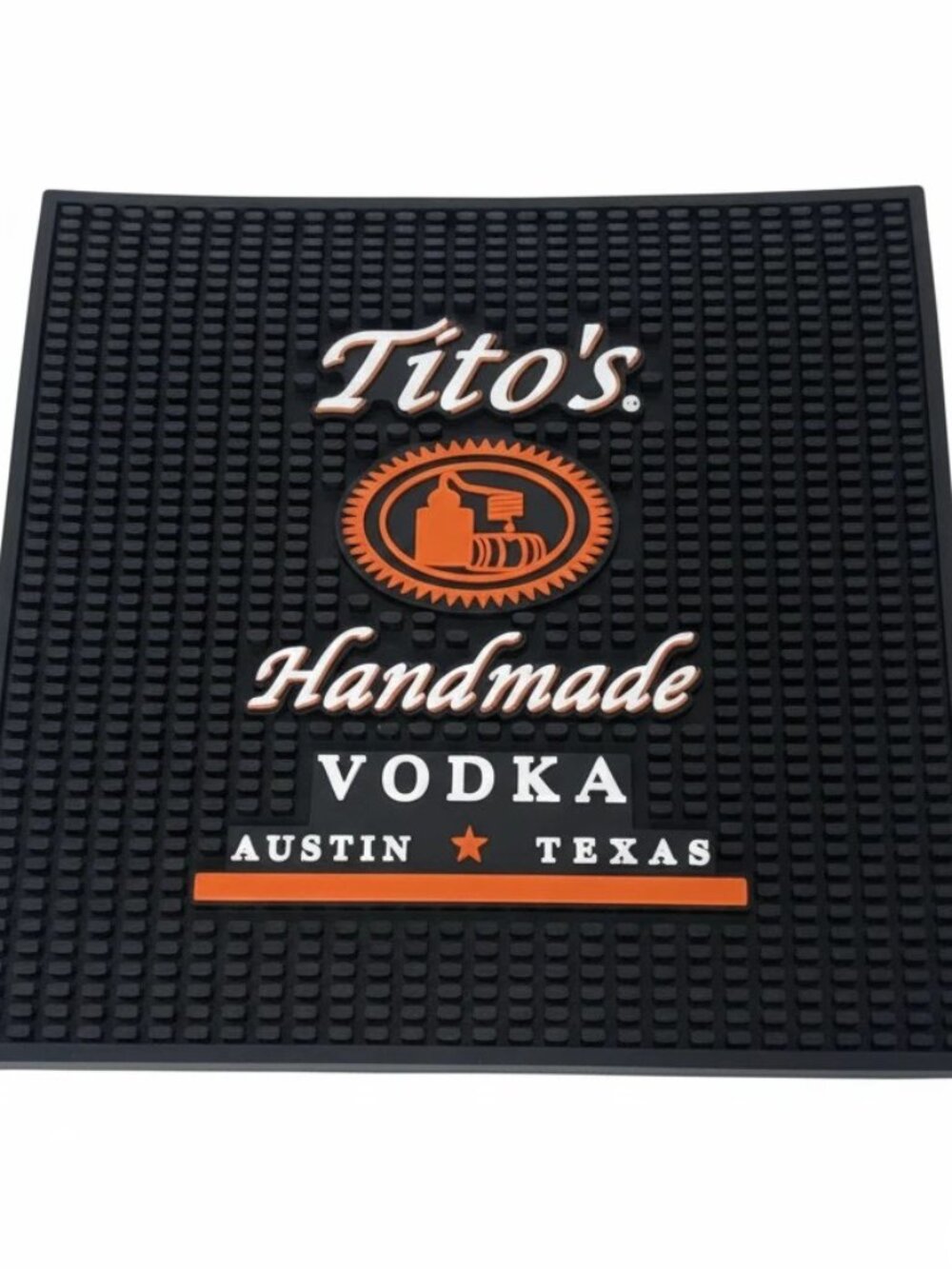Tito’s Handmade Vodka style rubber bar mat 11.5" square black with orange logo